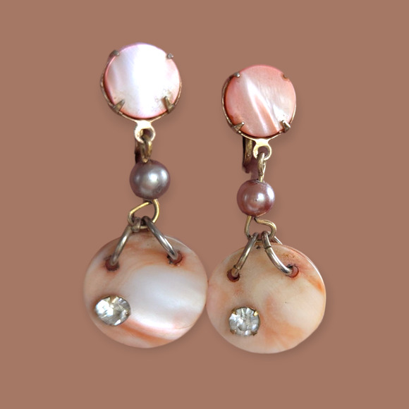 60s Vintage Shell & Rhinestone Dangle Earrings screwback - Picture 5 of 5